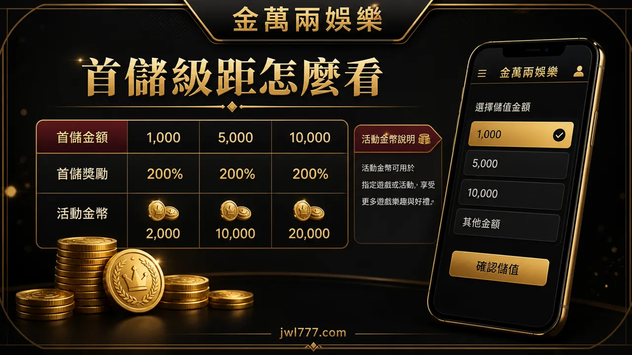 金萬兩娛樂首儲級距與活動金幣說明圖