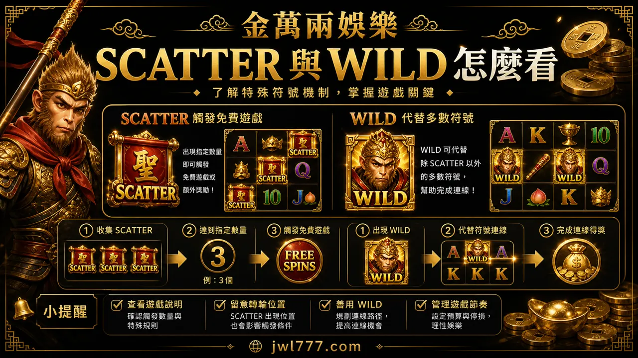 金萬兩娛樂孫行者老虎機 SCATTER 與 WILD 機制插圖