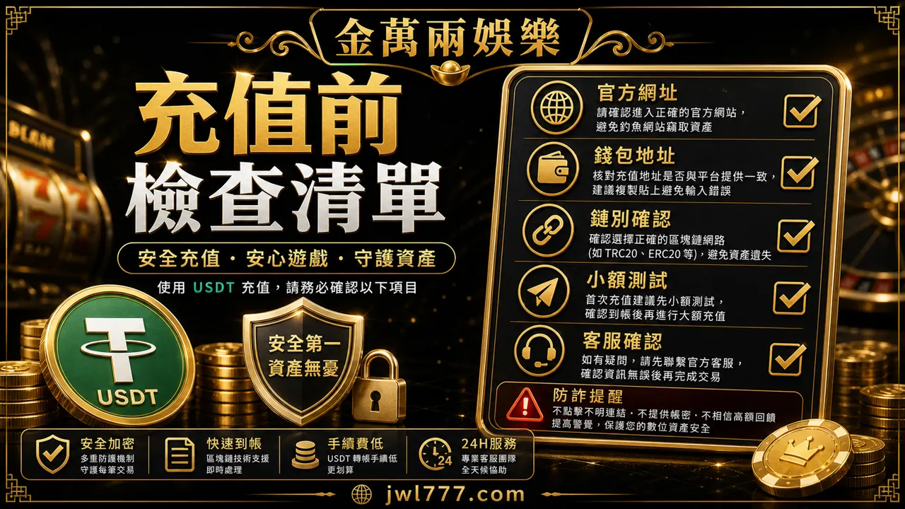 金萬兩娛樂 USDT 充值前檢查清單插圖，包含官方網址、錢包地址、鏈別確認、小額測試與客服確認