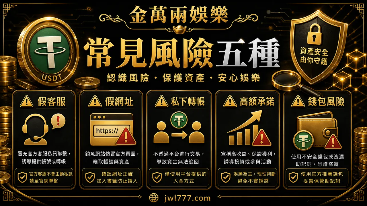 金萬兩娛樂 USDT 娛樂城常見風險五種插圖，包含假客服、假網址、私下轉帳、高額承諾與錢包風險