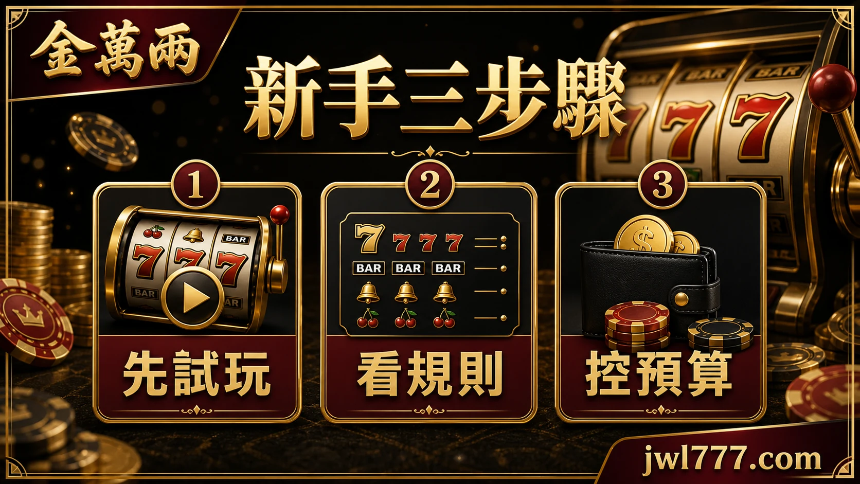 新手三步驟資訊圖,提醒先試玩、看規則與控預算