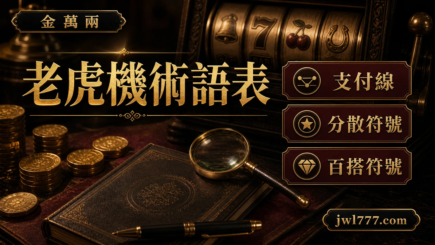 金萬兩整理老虎機支付線、分散符號與百搭符號術語圖