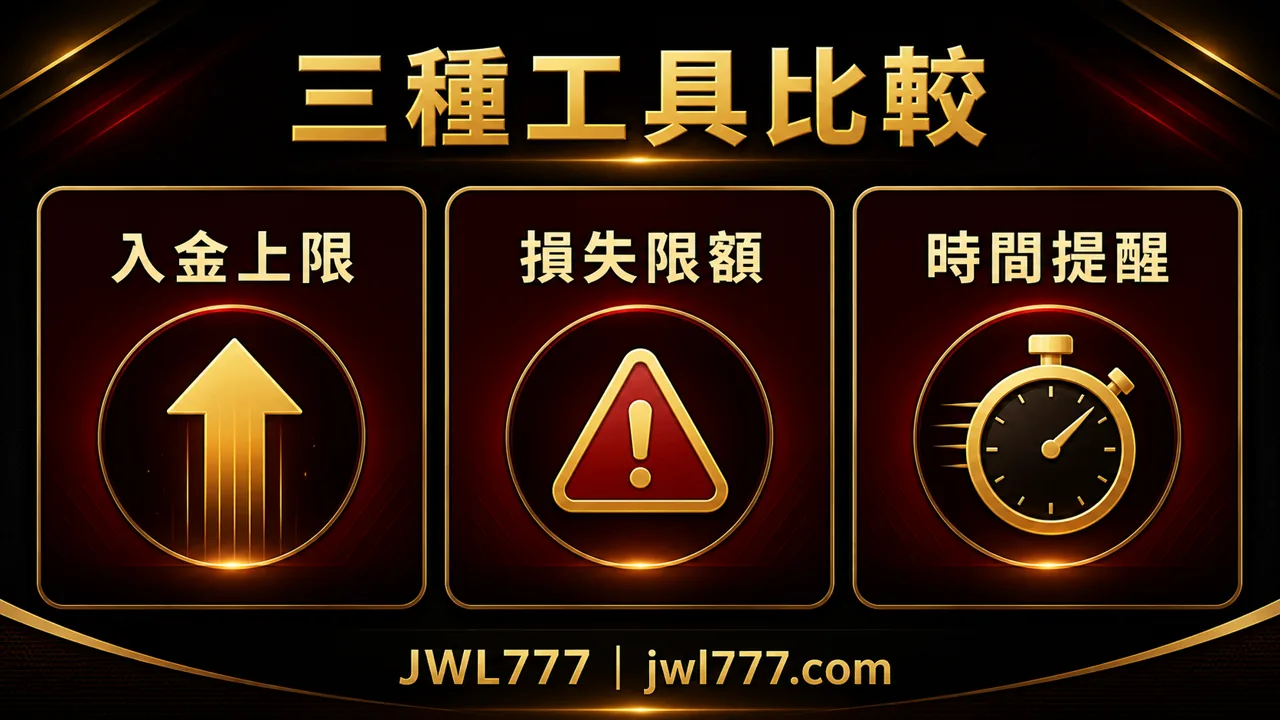 入金上限、損失限額與時間提醒的控制對象比較圖