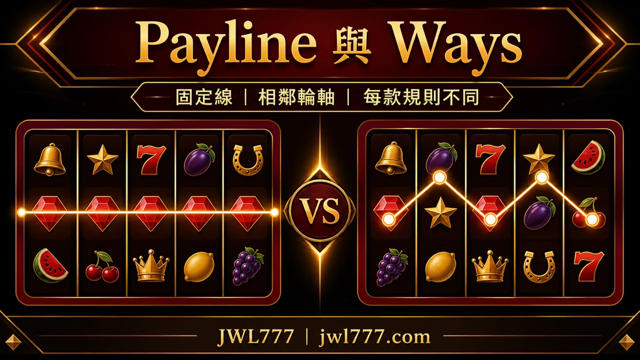 老虎機 Payline、Ways 與 Cluster 三種計獎方式示意