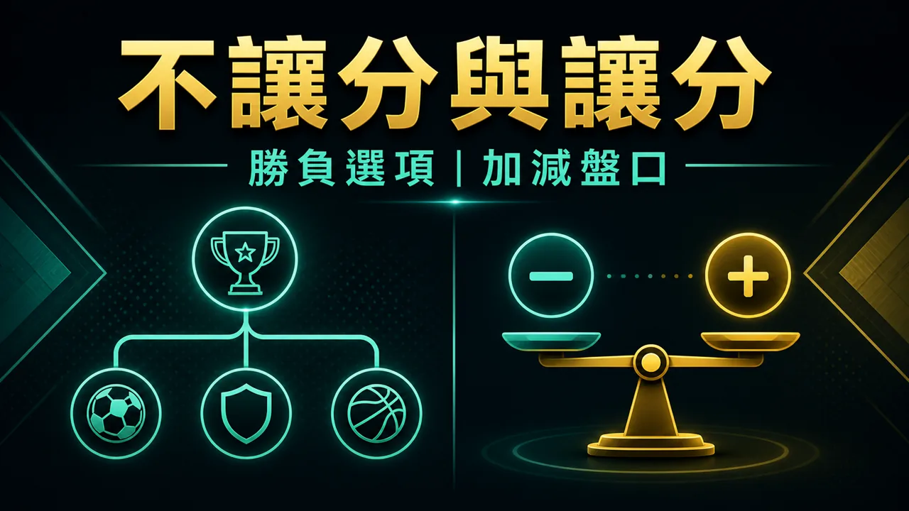 運動彩券讓分與不讓分四欄比較圖,包含原始比分、盤口、調整比分與法定時間