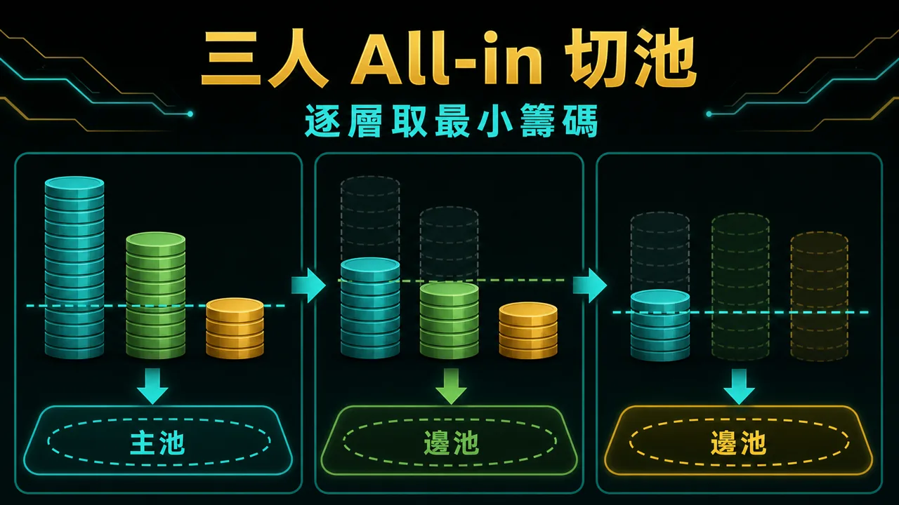 德州撲克多人 All-in 主池與兩層邊池示意圖,依四名玩家投入額分層