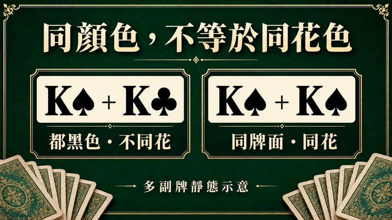 K黑桃K梅花同黑色但不同花,K黑桃K黑桃同牌面同花;多副牌靜態示意