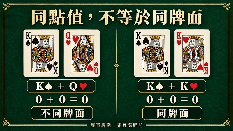 K黑桃Q紅心與K黑桃K紅心都合計0點,但前者不同牌面、後者同牌面